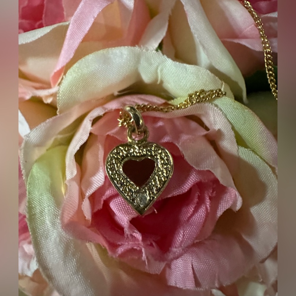 Gold Heart Red Enamel Token Crystal Pendant Necklace